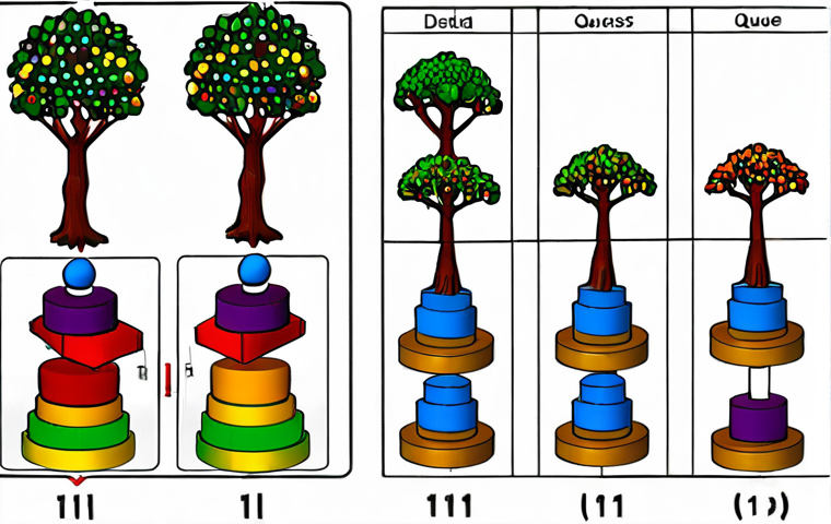 **
Data structures in computer science: Array, Linked List, Stack, Queue, Tree, and Graph. Illustrate how each structure stores and organizes data with corresponding visuals and concise labels for each.
**